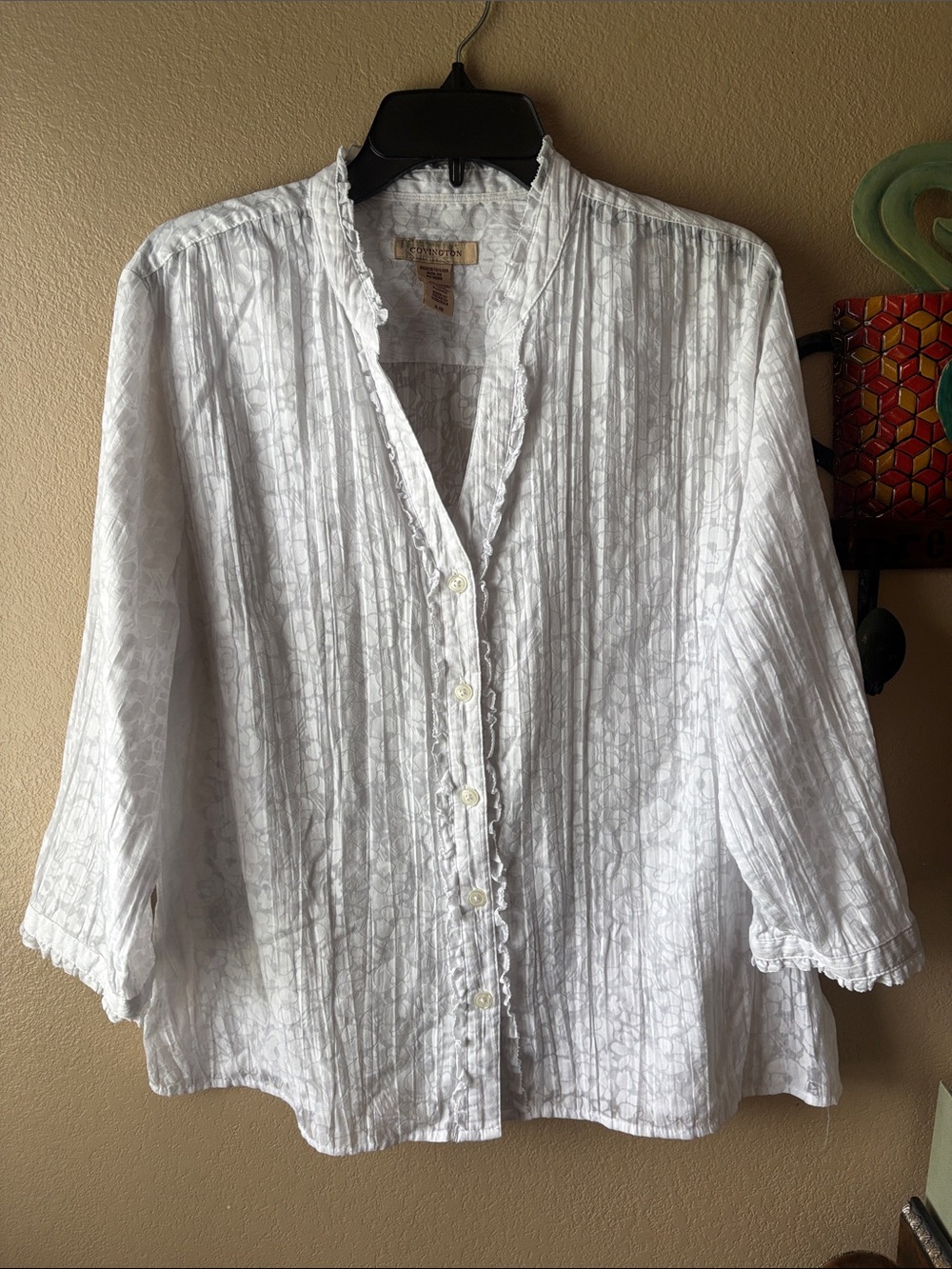 Covington White Pintuck Ruffle-Trim Button Down Blouse